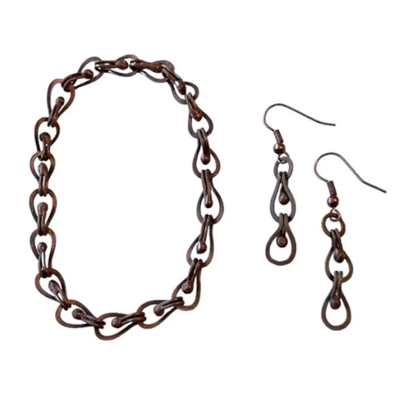 Artisan Crafted Set Bracelet Earrings Copper Handmade by Artist by Hand Matching - Picture 1 of 3